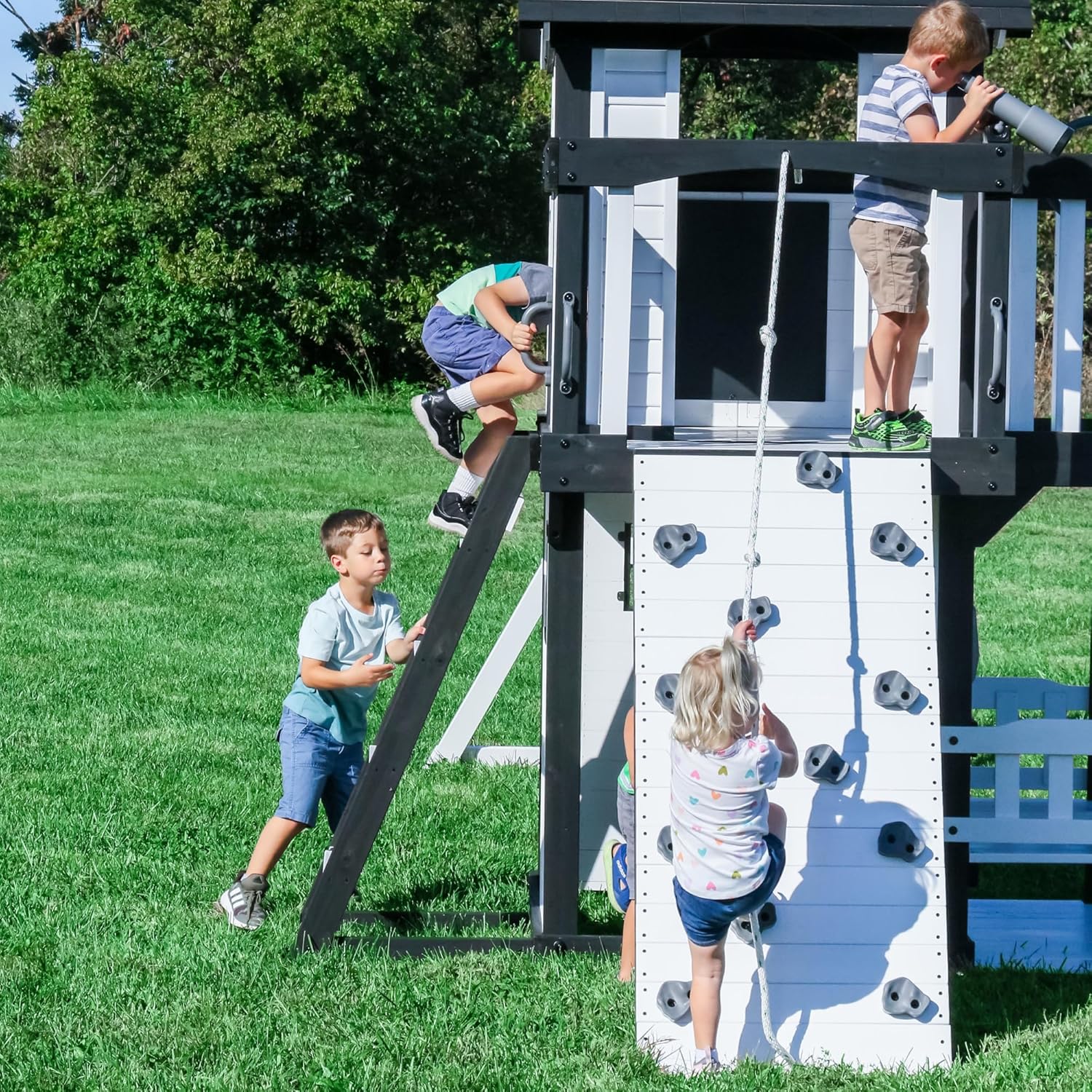 Canyon Creek Cedar Wood Swing Set with Wave Slide, Clubhouse, Play Kitchen, Picnic Area, Belt Swings, Web Swing, Rock Wall, Balconies, Playhouse, Step Ladder, Outdoor Playset - Image 18