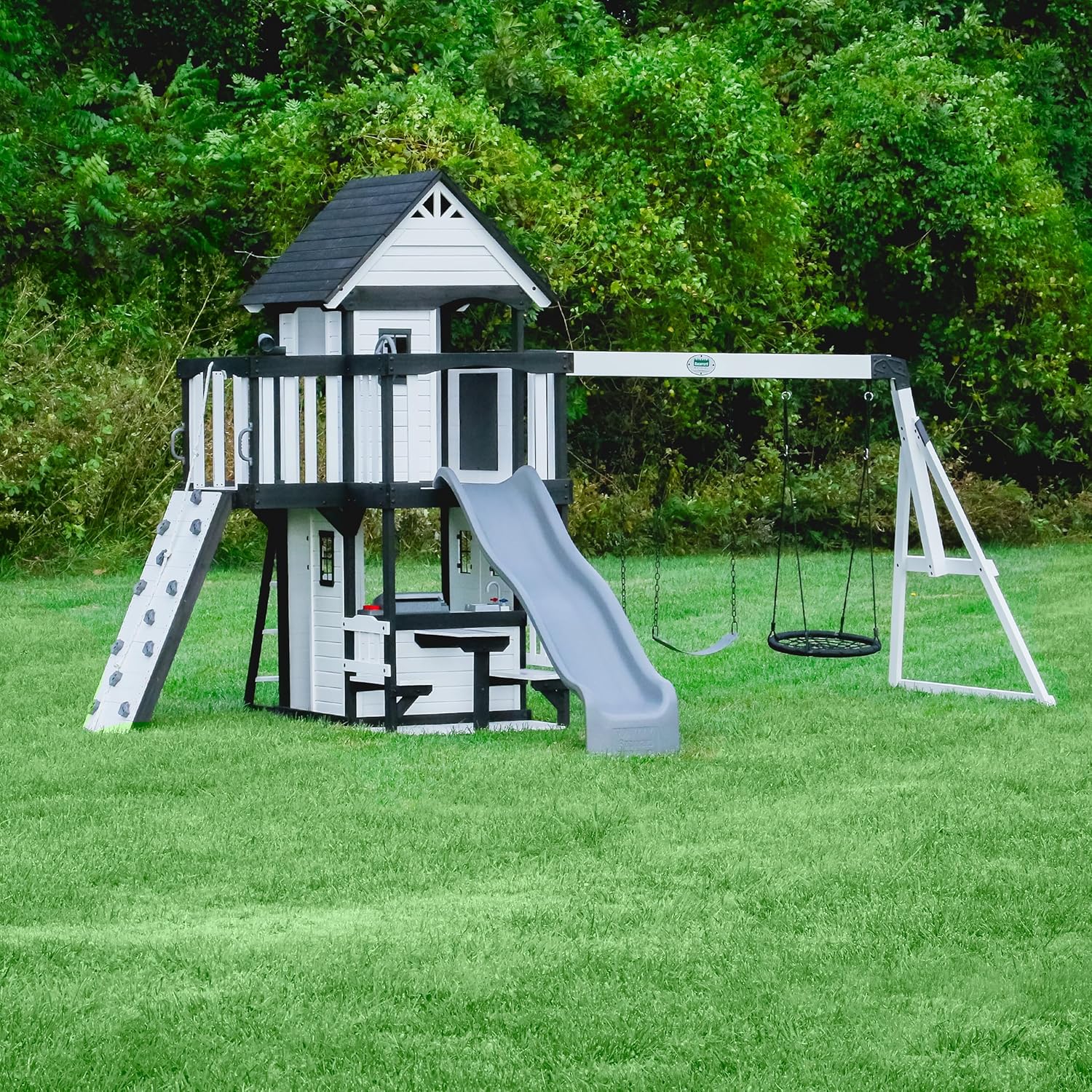 Canyon Creek Cedar Wood Swing Set with Wave Slide, Clubhouse, Play Kitchen, Picnic Area, Belt Swings, Web Swing, Rock Wall, Balconies, Playhouse, Step Ladder, Outdoor Playset - Image 3