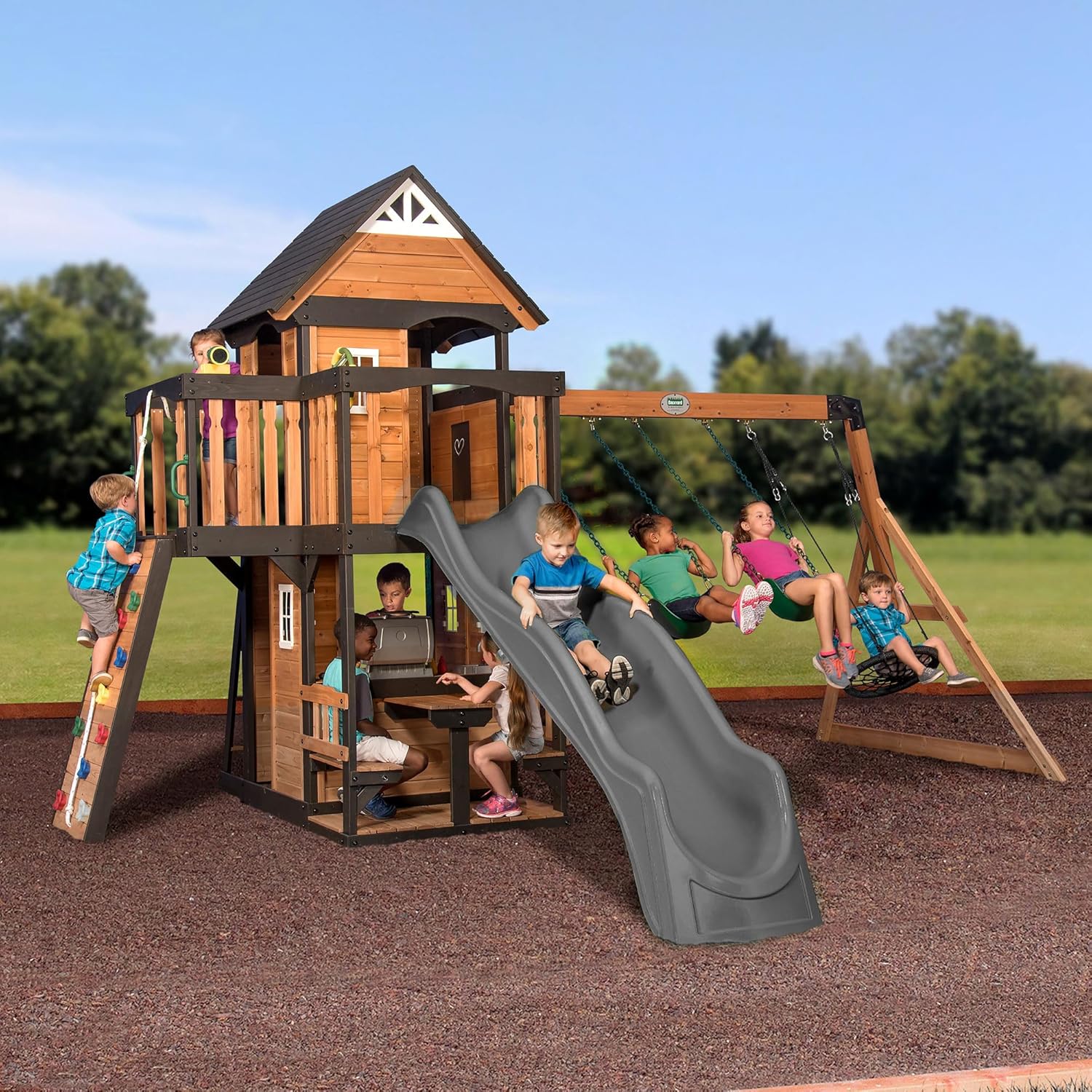 Canyon Creek Cedar Wood Swing Set with Wave Slide, Clubhouse, Play Kitchen, Picnic Area, Belt Swings, Web Swing, Rock Wall, Balconies, Playhouse, Step Ladder, Outdoor Playset - Image 4