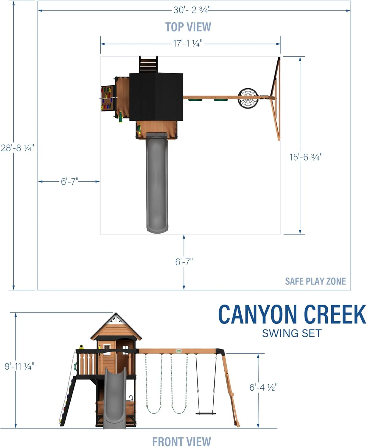 Canyon Creek Cedar Wood Swing Set with Wave Slide, Clubhouse, Play Kitchen, Picnic Area, Belt Swings, Web Swing, Rock Wall, Balconies, Playhouse, Step Ladder, Outdoor Playset - Image 19