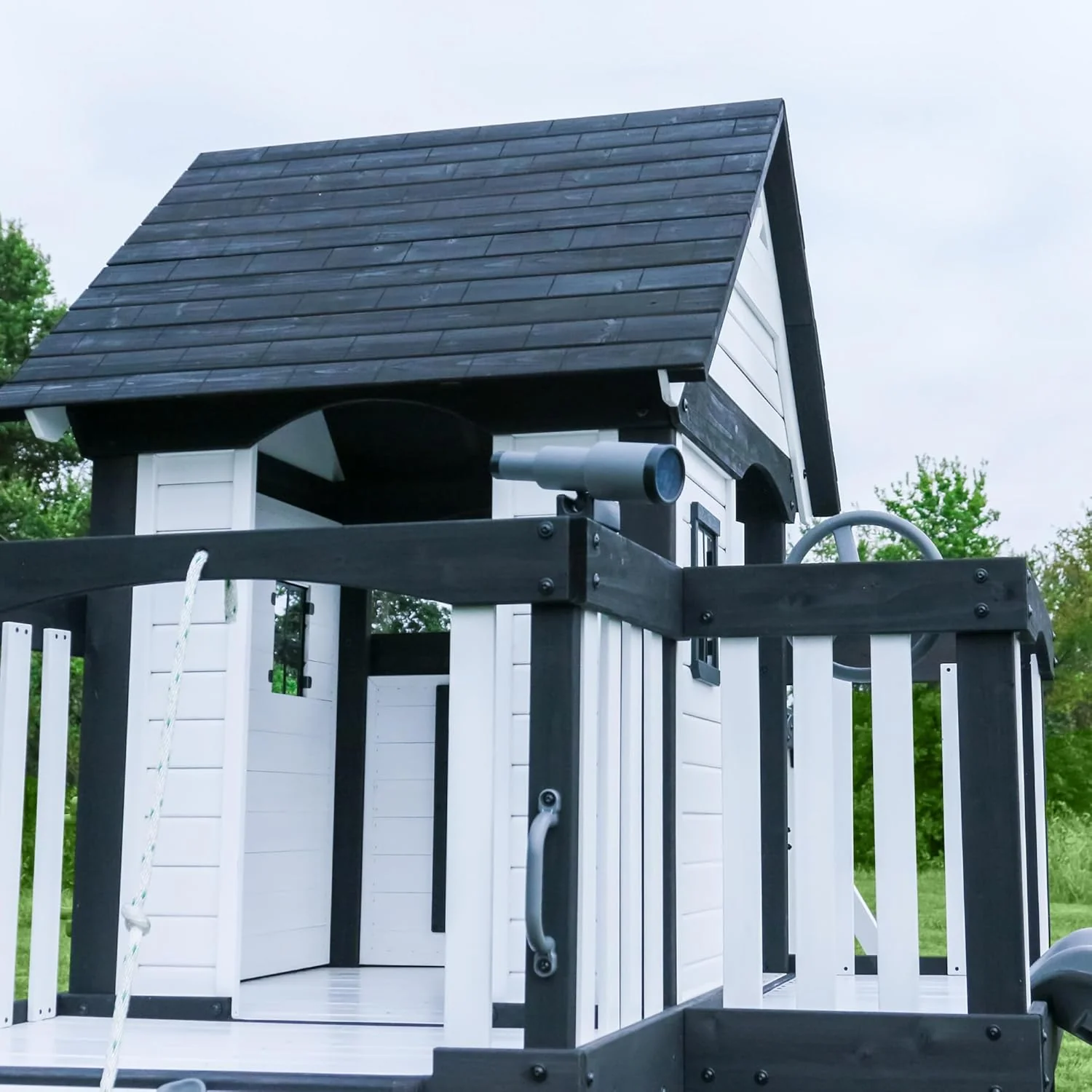 Canyon Creek Cedar Wood Swing Set with Wave Slide, Clubhouse, Play Kitchen, Picnic Area, Belt Swings, Web Swing, Rock Wall, Balconies, Playhouse, Step Ladder, Outdoor Playset - Image 14