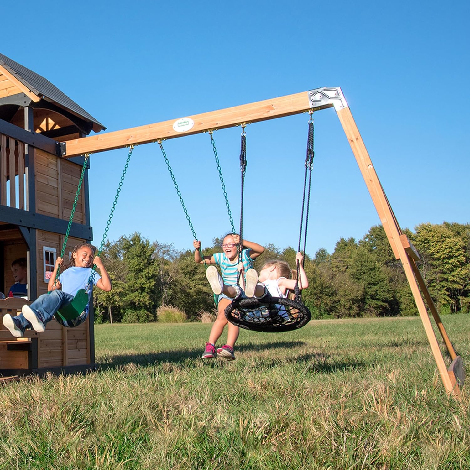 Canyon Creek Cedar Wood Swing Set with Wave Slide, Clubhouse, Play Kitchen, Picnic Area, Belt Swings, Web Swing, Rock Wall, Balconies, Playhouse, Step Ladder, Outdoor Playset - Image 9