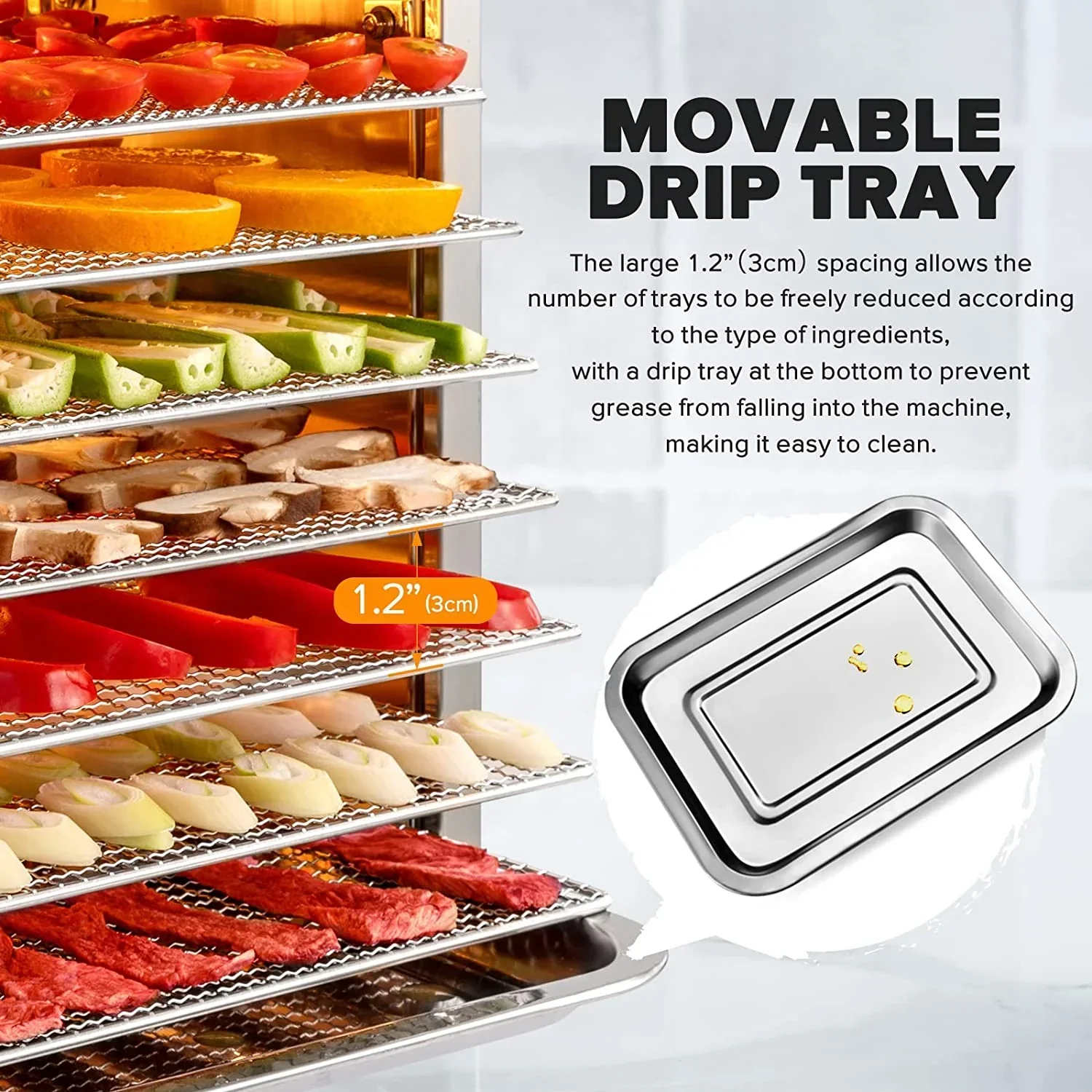 Tray Food Dehydrator, Steel Fruit Dry Machine with 30 90~C Adjustable Thermostat, 24hr Digital Timer - Image 4