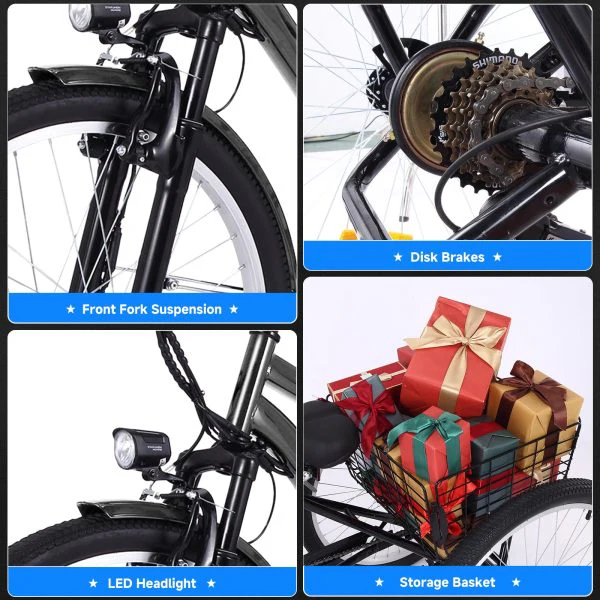 26 Inch Adult 3 Wheel Electric Tricycle with Basket, Fat Tires,7 Speeds,350W Powerful Motor, 36V 10Ah Removable Battery Dark Gray - Image 6