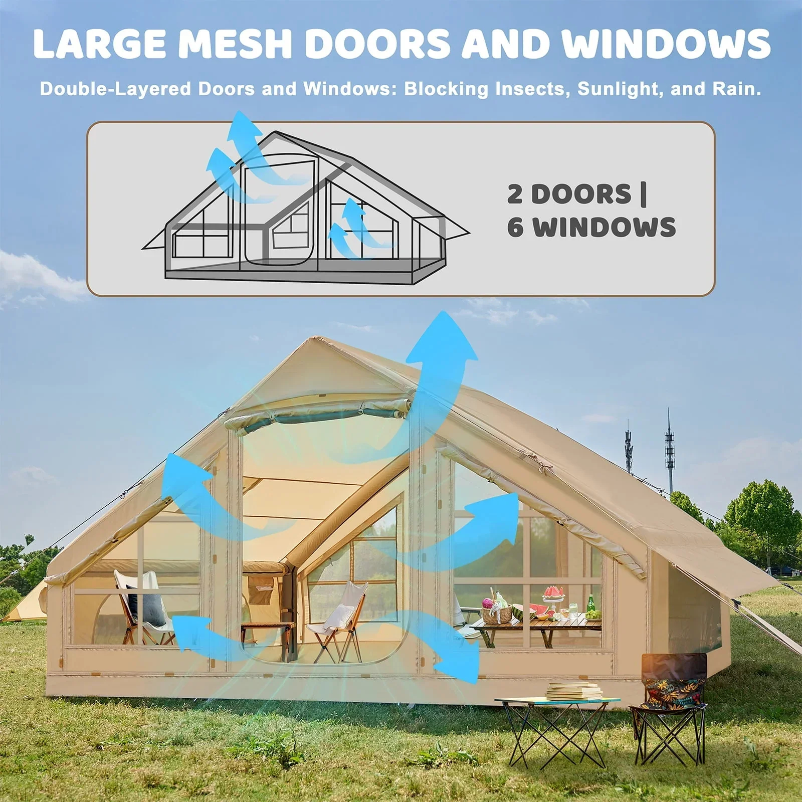 6 Person Inflatable Camping Tent with Pump, 10ft x7ft Glamping Family Tent Easy Setup 4 Season Waterproof Windproof Outdoor Blow Up Tent Luxury Oxford Cabin with Mesh Windows & Doors sgtnighsdesigns - Image 4