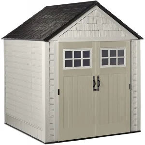7x7 Ft Durable Weather Resistant Resin Outdoor Garden Storage Shed with Windows and Utility Hooks, Sand