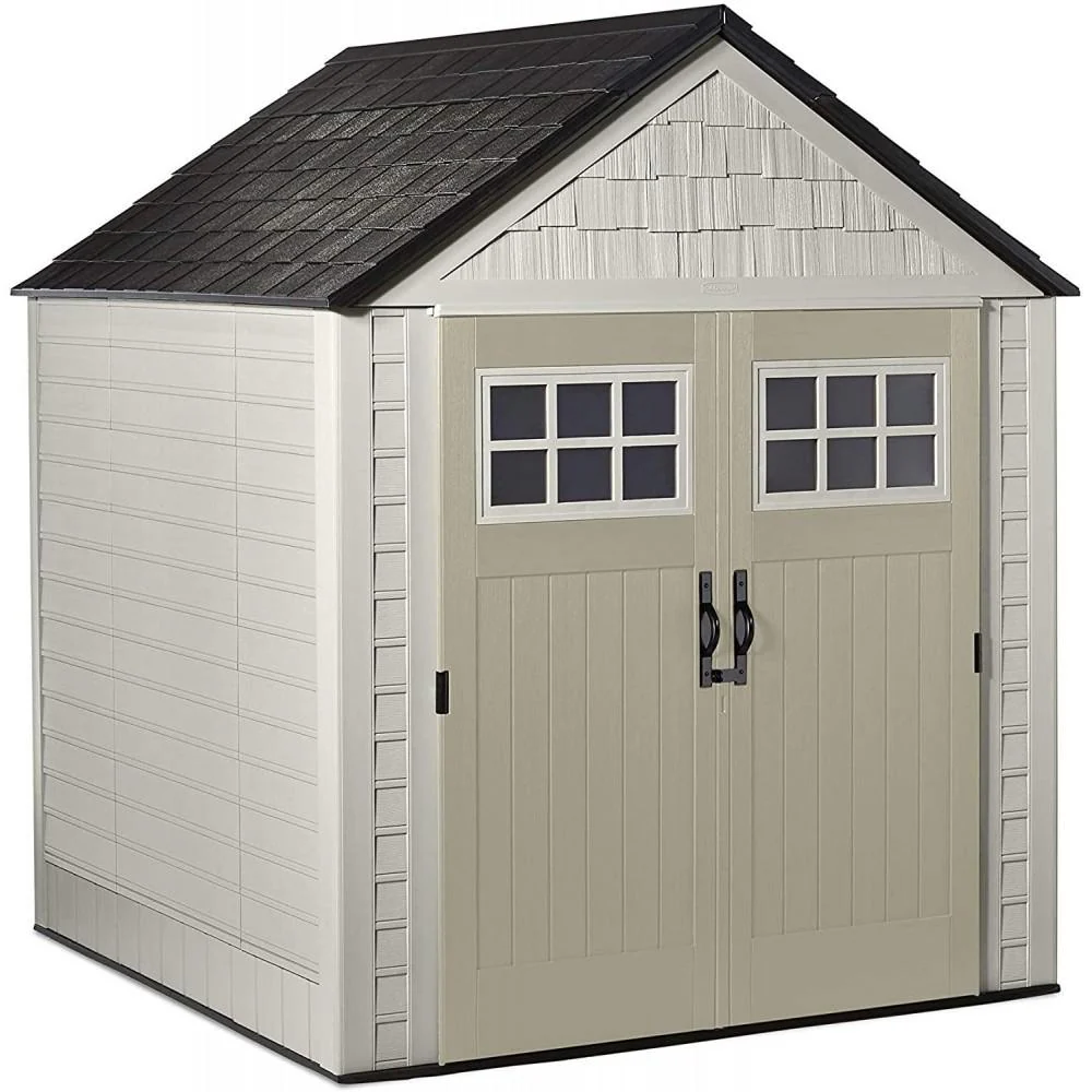 7x7 Ft Durable Weather Resistant Resin Outdoor Garden Storage Shed with Windows and Utility Hooks, Sand