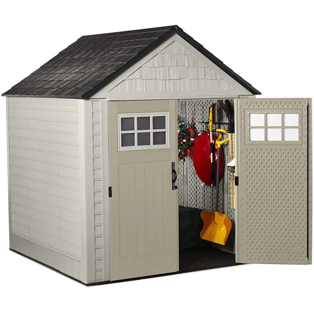 7x7 Ft Durable Weather Resistant Resin Outdoor Garden Storage Shed with Windows and Utility Hooks, Sand - Image 4