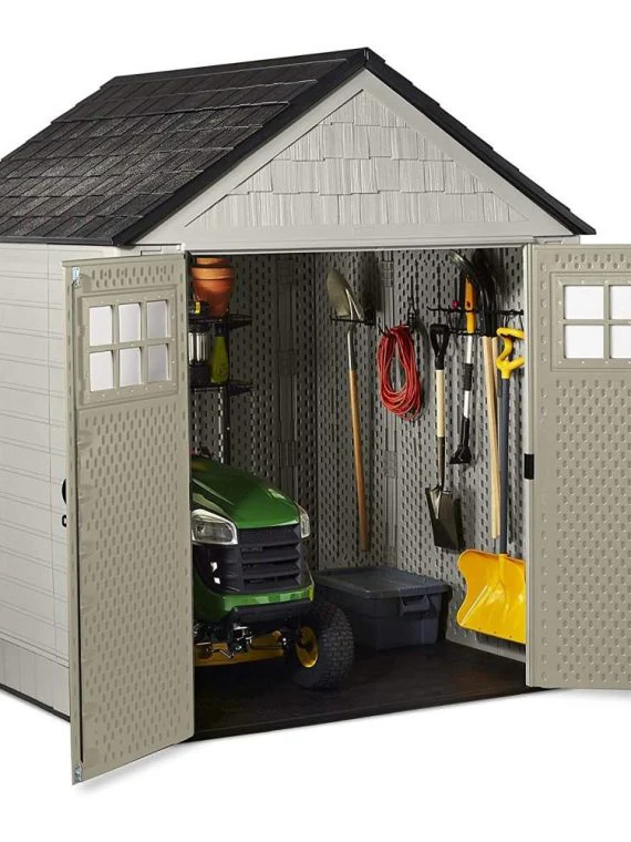 7x7 Ft Durable Weather Resistant Resin Outdoor Garden Storage Shed with Windows and Utility Hooks, Sand - Image 5