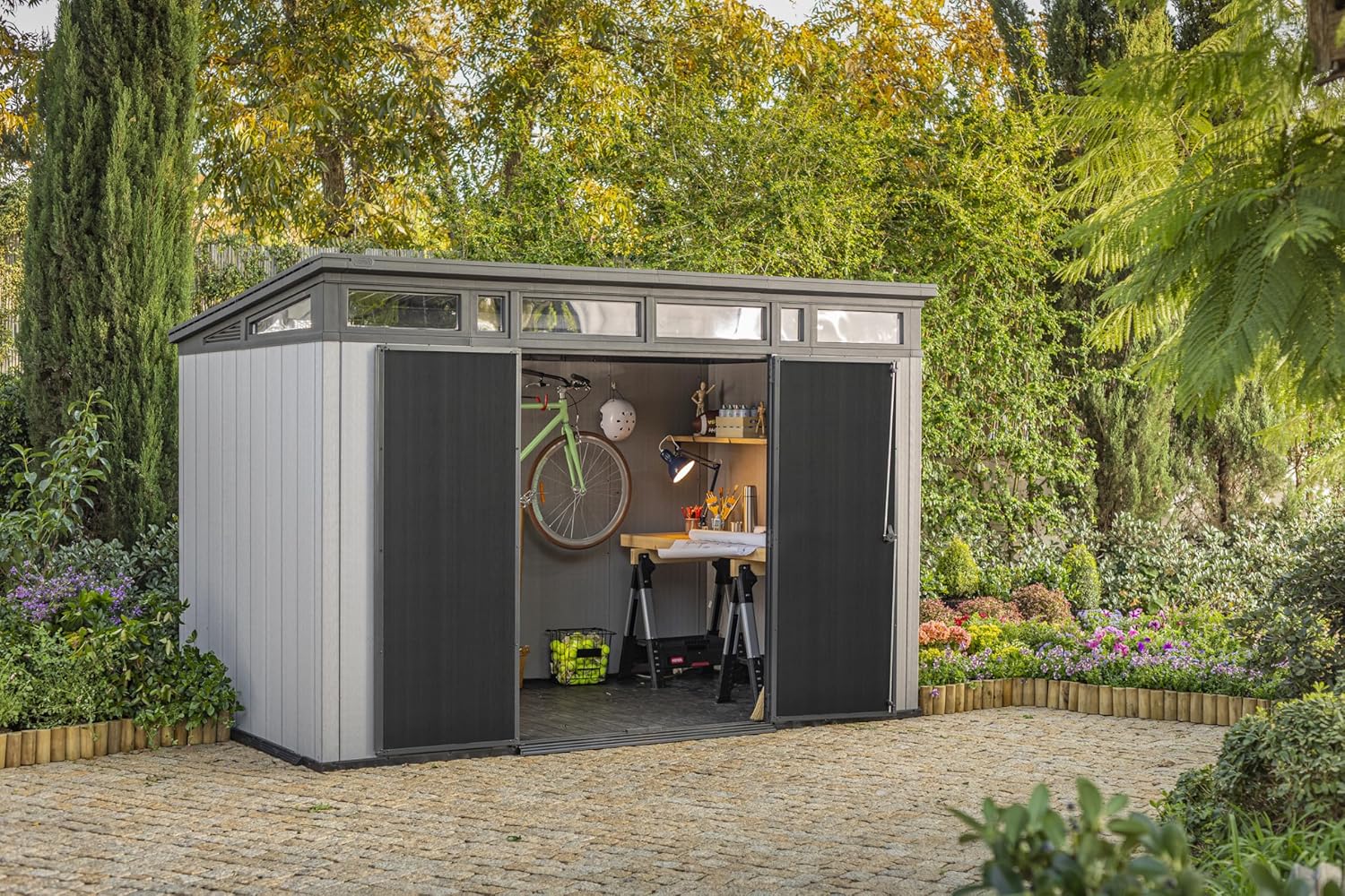 Keter Artisan 11x7 Modern Resin Outdoor Storage Shed Kit-Perfect to Store Patio Furniture, Garden Tools Bike Accessories, Beach Chairs and Lawn Mower, Grey & Black - Image 2