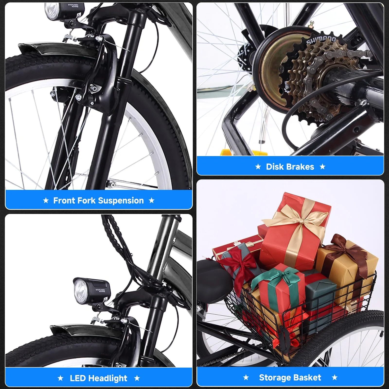26 Inch Adult 3 Wheel Electric Tricycle with Basket, Fat Tires,7 Speeds,350W Powerful Motor, 36V 10Ah Removable Battery Dark Gray - Image 13