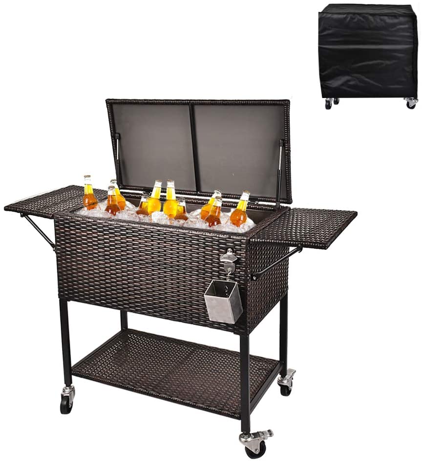 80 Quart Rattan Rolling Cooler Cart, Portable Wicker Cooler Trolley, Backyard Party Drink Beverage Bar - Image 3