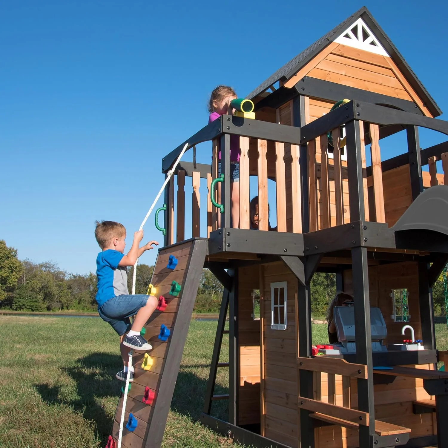 Canyon Creek Cedar Wood Swing Set with Wave Slide, Clubhouse, Play Kitchen, Picnic Area, Belt Swings, Web Swing, Rock Wall, Balconies, Playhouse, Step Ladder, Outdoor Playset - Image 21