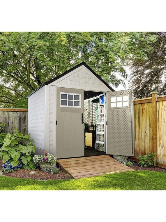 7x7 Ft Durable Weather Resistant Resin Outdoor Garden Storage Shed with Windows and Utility Hooks, Sand - Image 8