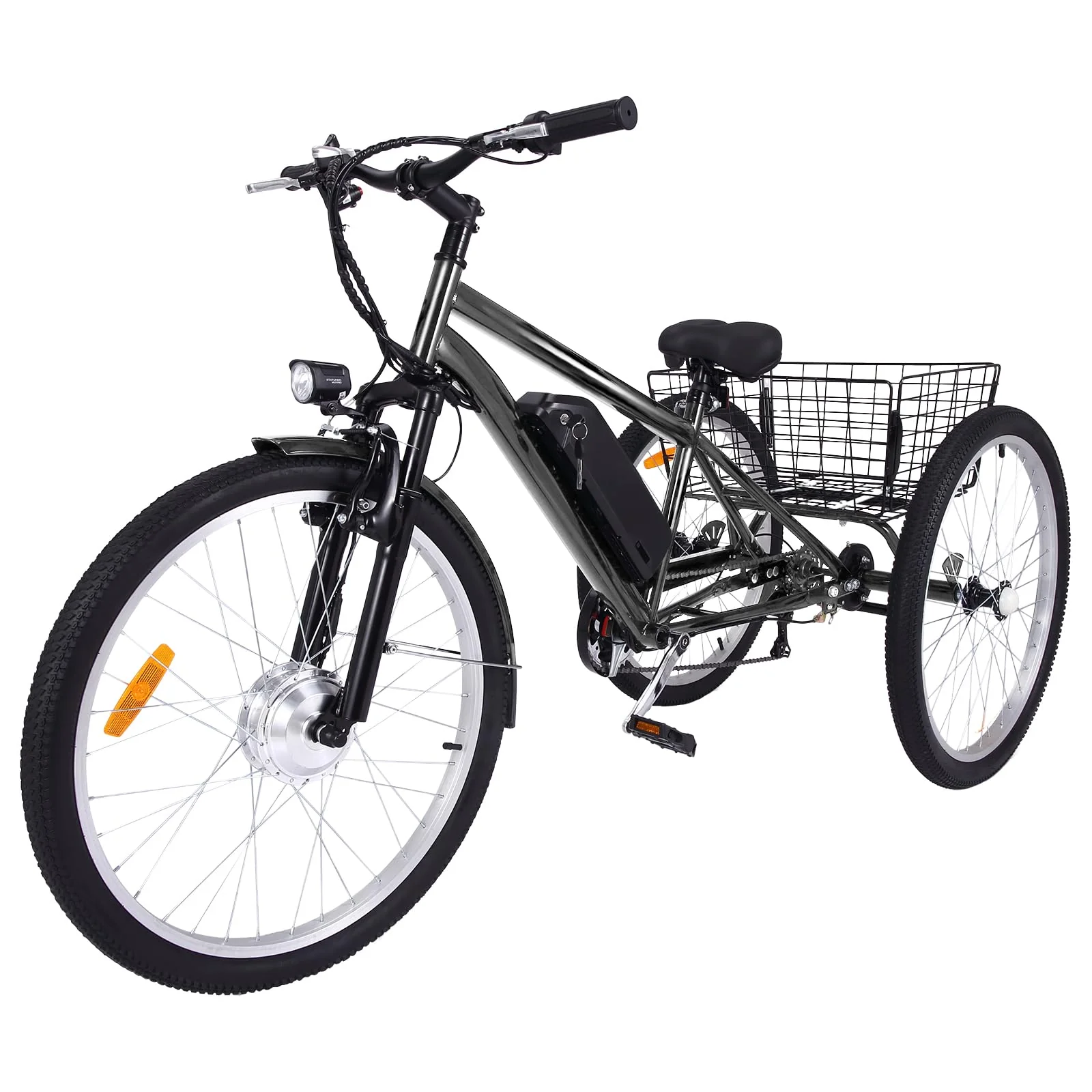 26 Inch Adult 3 Wheel Electric Tricycle with Basket, Fat Tires,7 Speeds,350W Powerful Motor, 36V 10Ah Removable Battery Dark Gray - Image 8