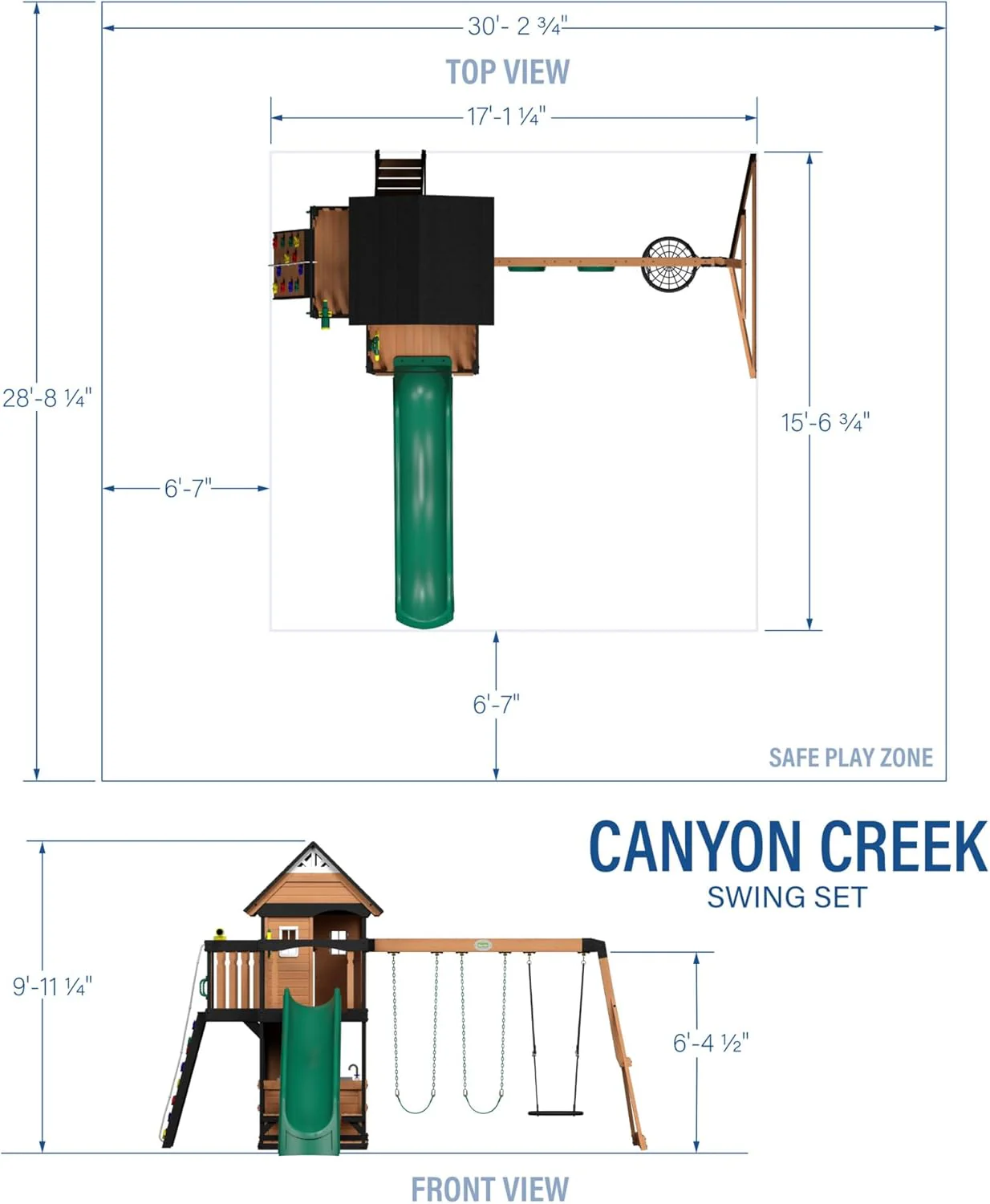 Canyon Creek Cedar Wood Swing Set with Wave Slide, Clubhouse, Play Kitchen, Picnic Area, Belt Swings, Web Swing, Rock Wall, Balconies, Playhouse, Step Ladder, Outdoor Playset - Image 2