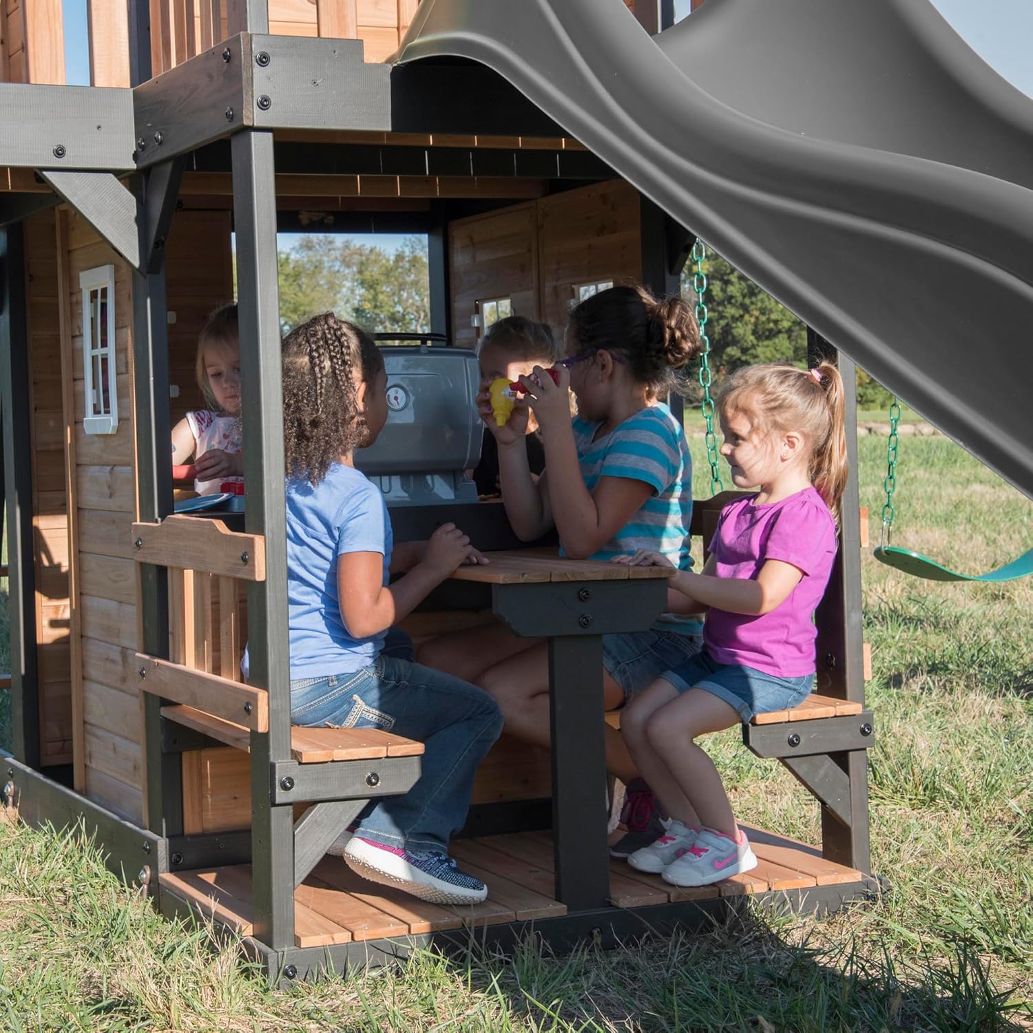 Canyon Creek Cedar Wood Swing Set with Wave Slide, Clubhouse, Play Kitchen, Picnic Area, Belt Swings, Web Swing, Rock Wall, Balconies, Playhouse, Step Ladder, Outdoor Playset - Image 22