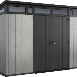 Keter Artisan 11x7 Modern Resin Outdoor Storage Shed Kit-Perfect to Store Patio Furniture, Garden Tools Bike Accessories, Beach Chairs and Lawn Mower, Grey & Black