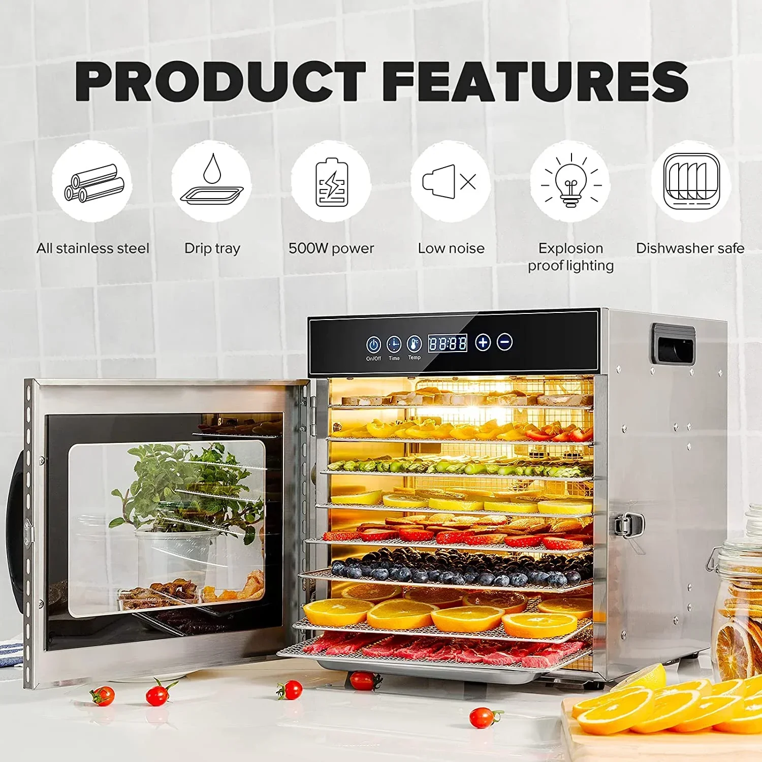 Tray Food Dehydrator, Steel Fruit Dry Machine with 30 90~C Adjustable Thermostat, 24hr Digital Timer - Image 3