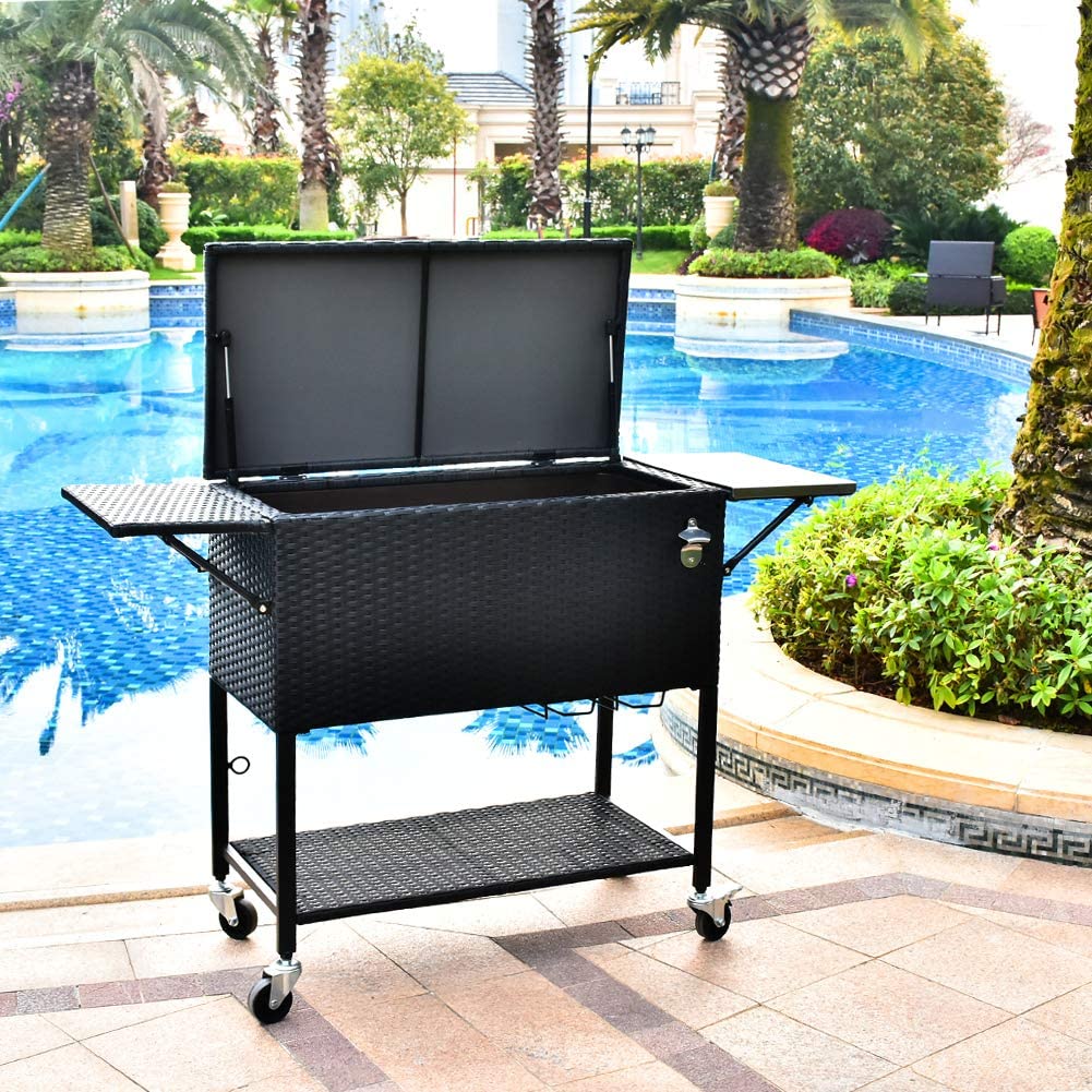 80 Quart Rattan Rolling Cooler Cart, Portable Wicker Cooler Trolley, Backyard Party Drink Beverage Bar - Image 2