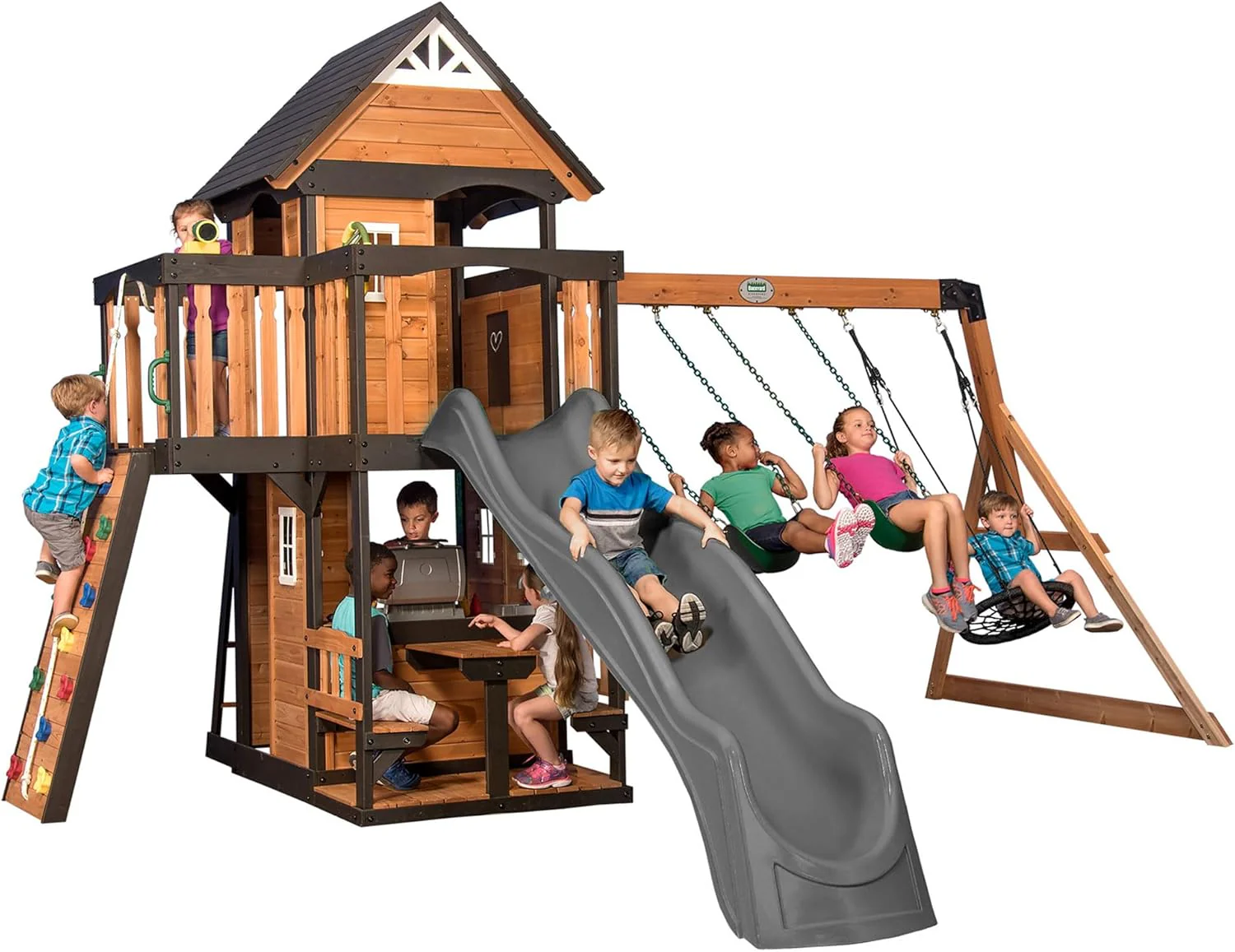 Canyon Creek Cedar Wood Swing Set with Wave Slide, Clubhouse, Play Kitchen, Picnic Area, Belt Swings, Web Swing, Rock Wall, Balconies, Playhouse, Step Ladder, Outdoor Playset - Image 20