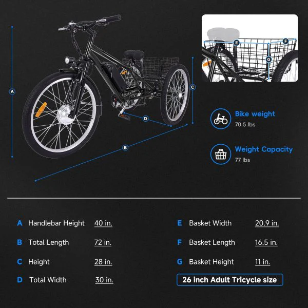 26 Inch Adult 3 Wheel Electric Tricycle with Basket, Fat Tires,7 Speeds,350W Powerful Motor, 36V 10Ah Removable Battery Dark Gray - Image 2