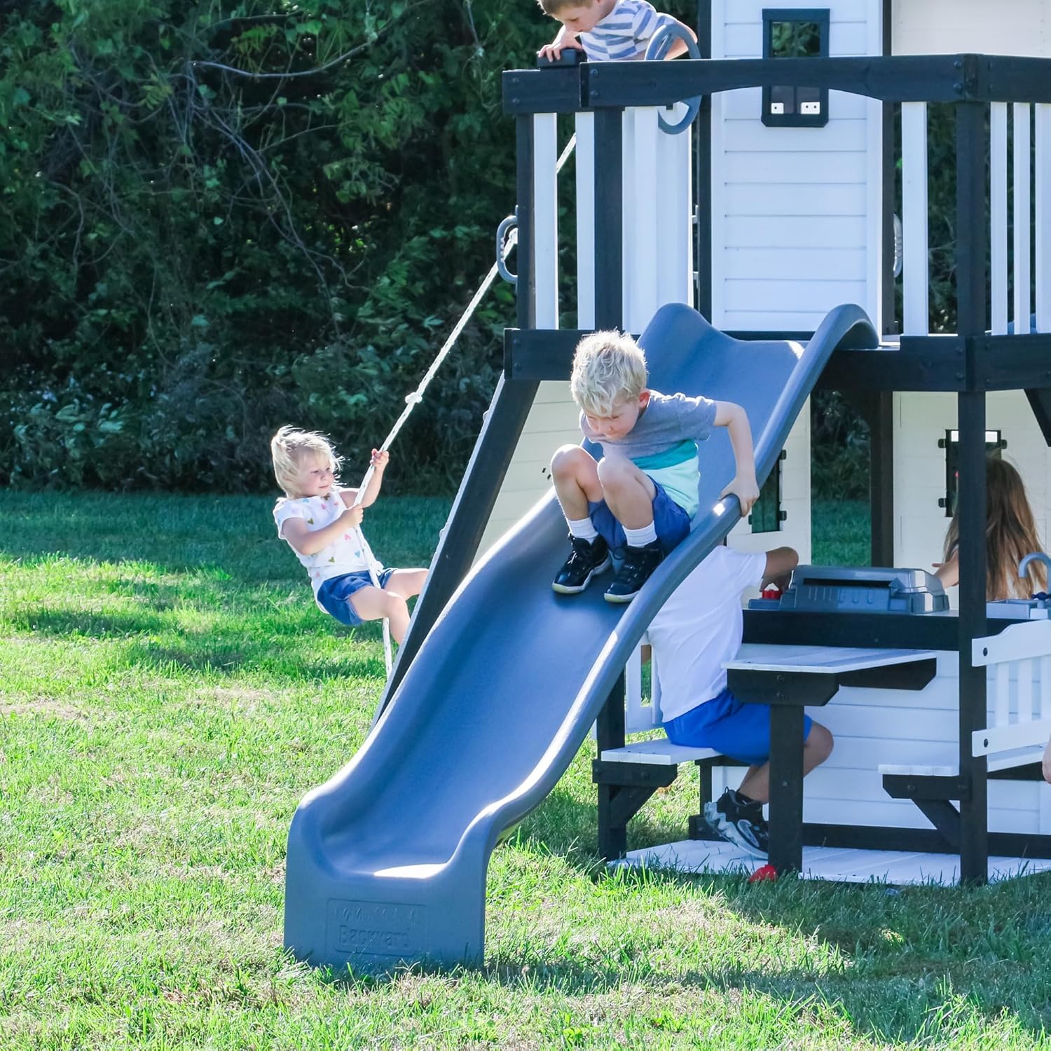 Canyon Creek Cedar Wood Swing Set with Wave Slide, Clubhouse, Play Kitchen, Picnic Area, Belt Swings, Web Swing, Rock Wall, Balconies, Playhouse, Step Ladder, Outdoor Playset - Image 17