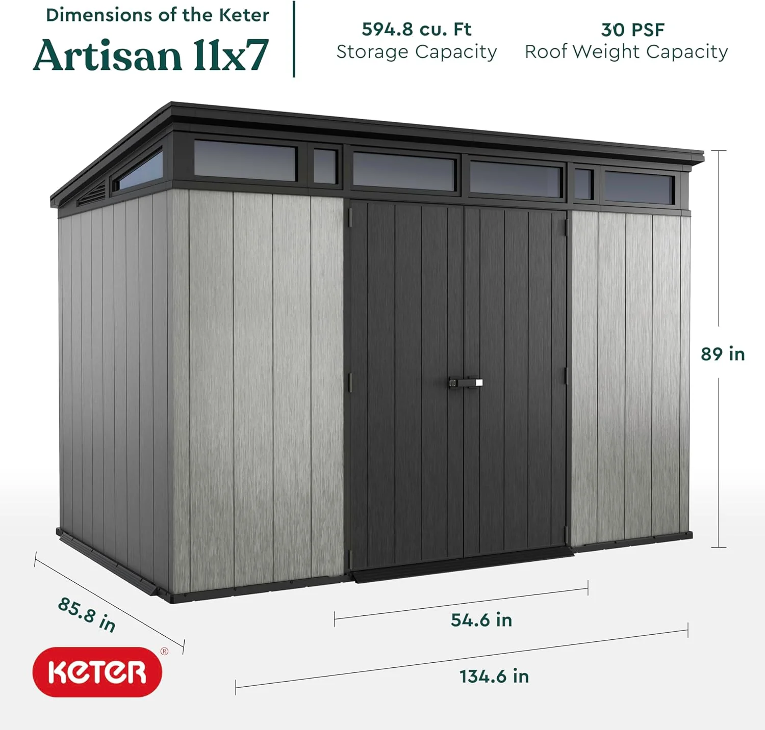Keter Artisan 11x7 Modern Resin Outdoor Storage Shed Kit-Perfect to Store Patio Furniture, Garden Tools Bike Accessories, Beach Chairs and Lawn Mower, Grey & Black - Image 3