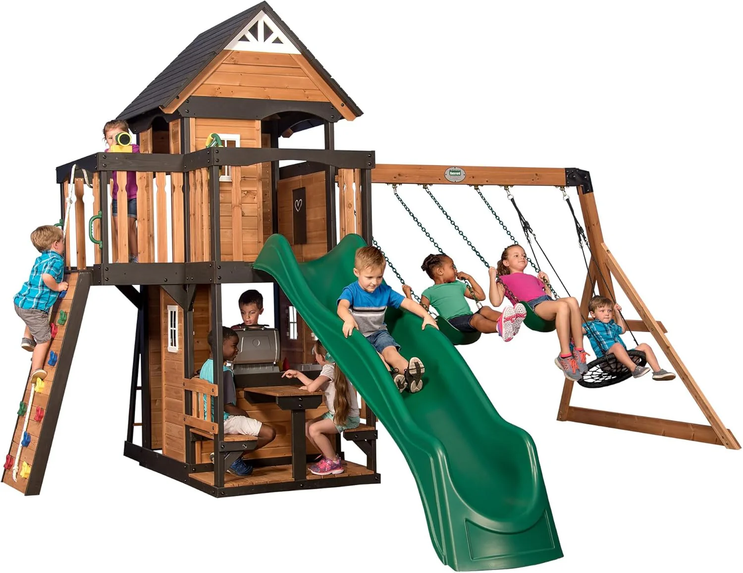 Canyon Creek Cedar Wood Swing Set with Wave Slide, Clubhouse, Play Kitchen, Picnic Area, Belt Swings, Web Swing, Rock Wall, Balconies, Playhouse, Step Ladder, Outdoor Playset - Image 5