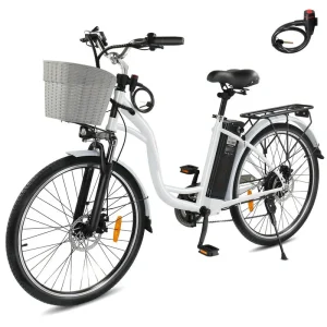 350W Electric Commuter Bike for Adults, 26 Cruiser Ebike with 36V 12.5AH Removable Battery, Shimano 6-Speed, Dual Shock Absorber, Basket