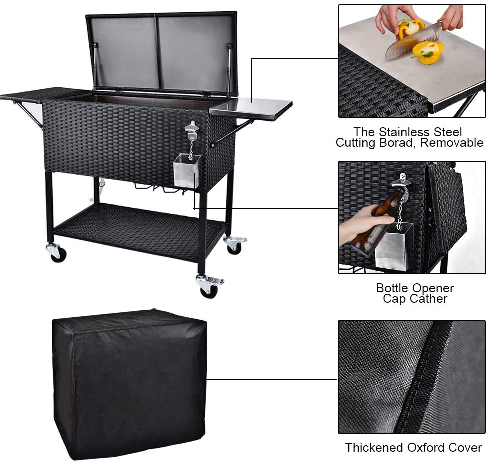 80 Quart Rattan Rolling Cooler Cart, Portable Wicker Cooler Trolley, Backyard Party Drink Beverage Bar - Image 6