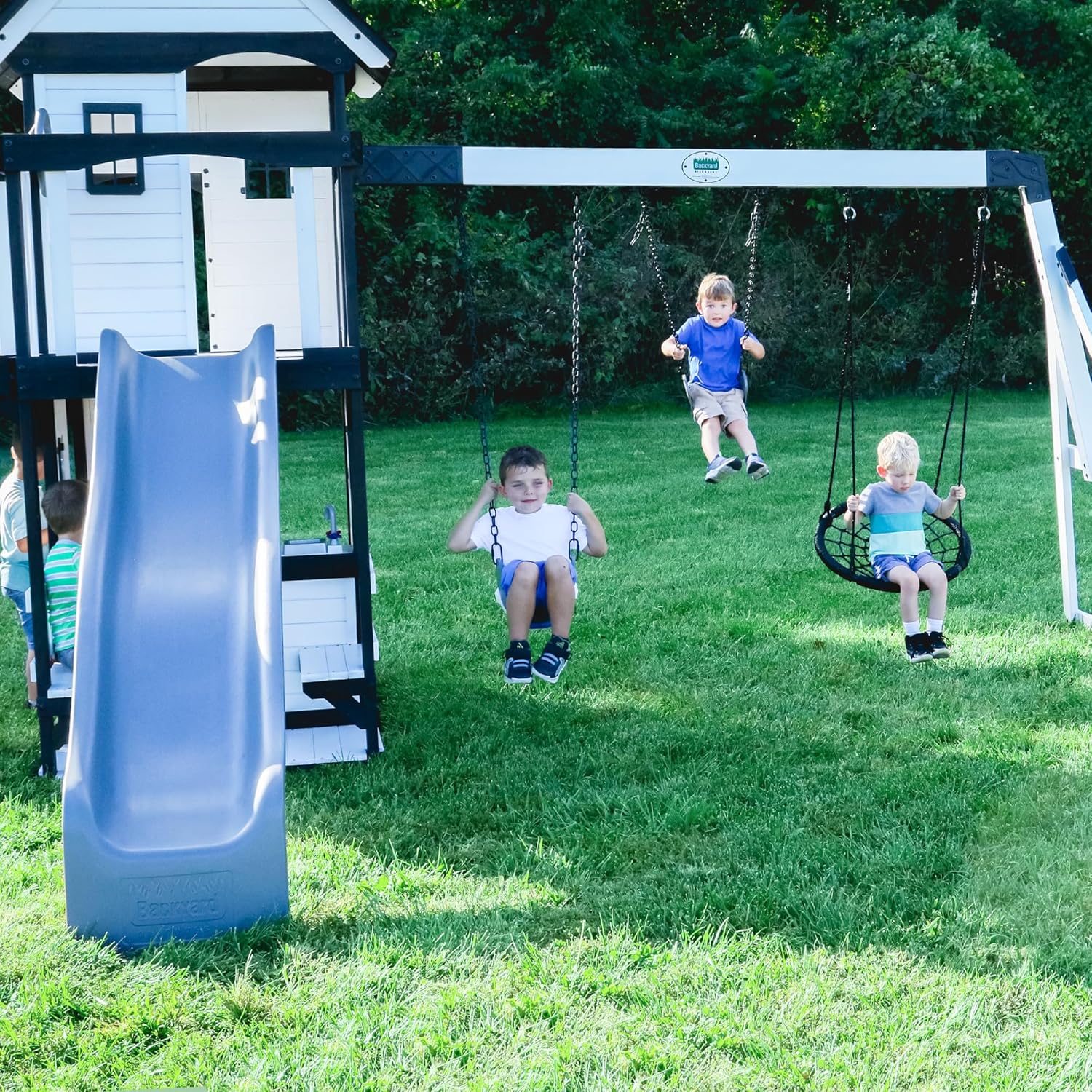Canyon Creek Cedar Wood Swing Set with Wave Slide, Clubhouse, Play Kitchen, Picnic Area, Belt Swings, Web Swing, Rock Wall, Balconies, Playhouse, Step Ladder, Outdoor Playset - Image 16