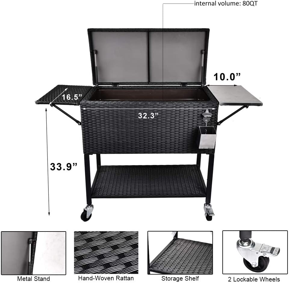 80 Quart Rattan Rolling Cooler Cart, Portable Wicker Cooler Trolley, Backyard Party Drink Beverage Bar - Image 4