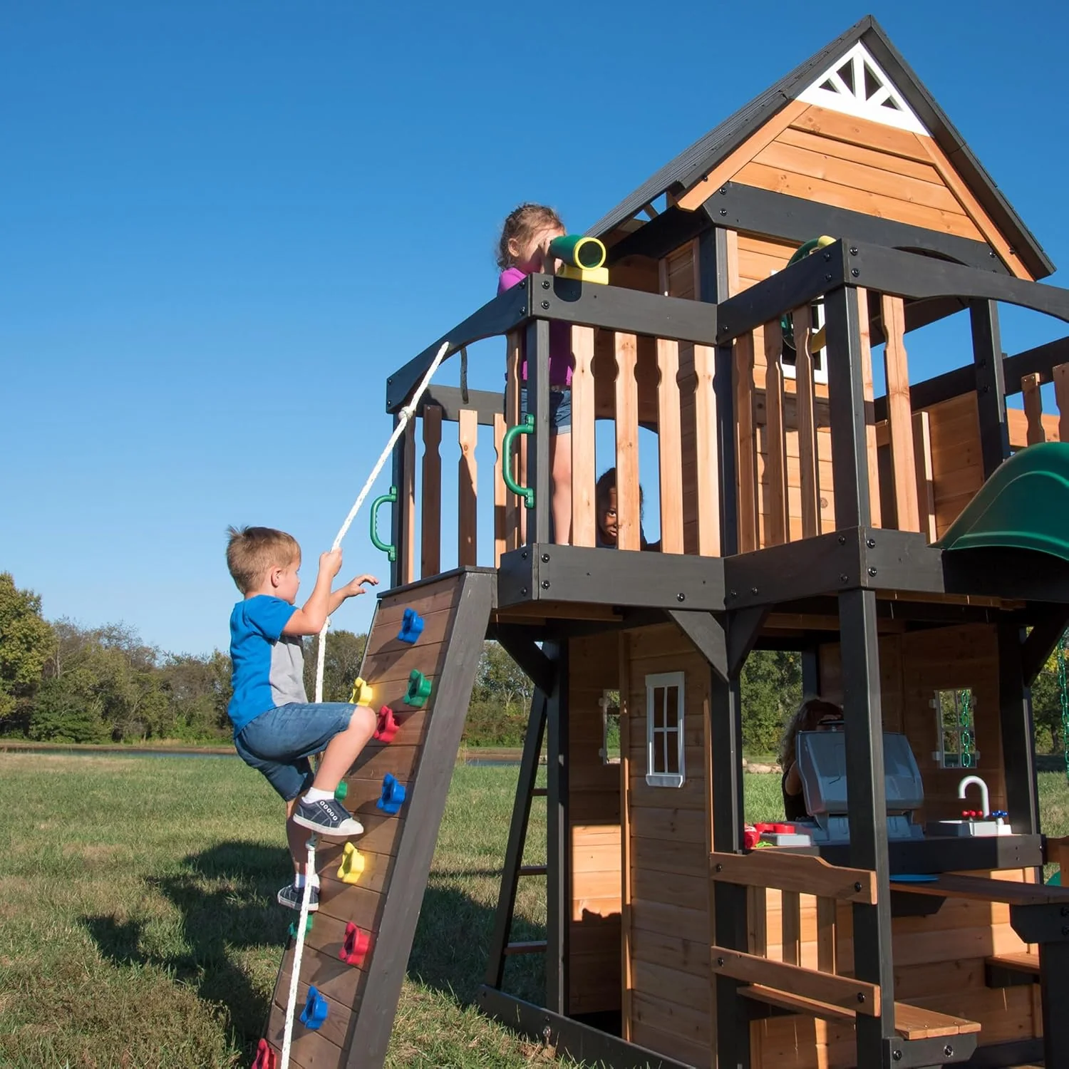 Canyon Creek Cedar Wood Swing Set with Wave Slide, Clubhouse, Play Kitchen, Picnic Area, Belt Swings, Web Swing, Rock Wall, Balconies, Playhouse, Step Ladder, Outdoor Playset - Image 6