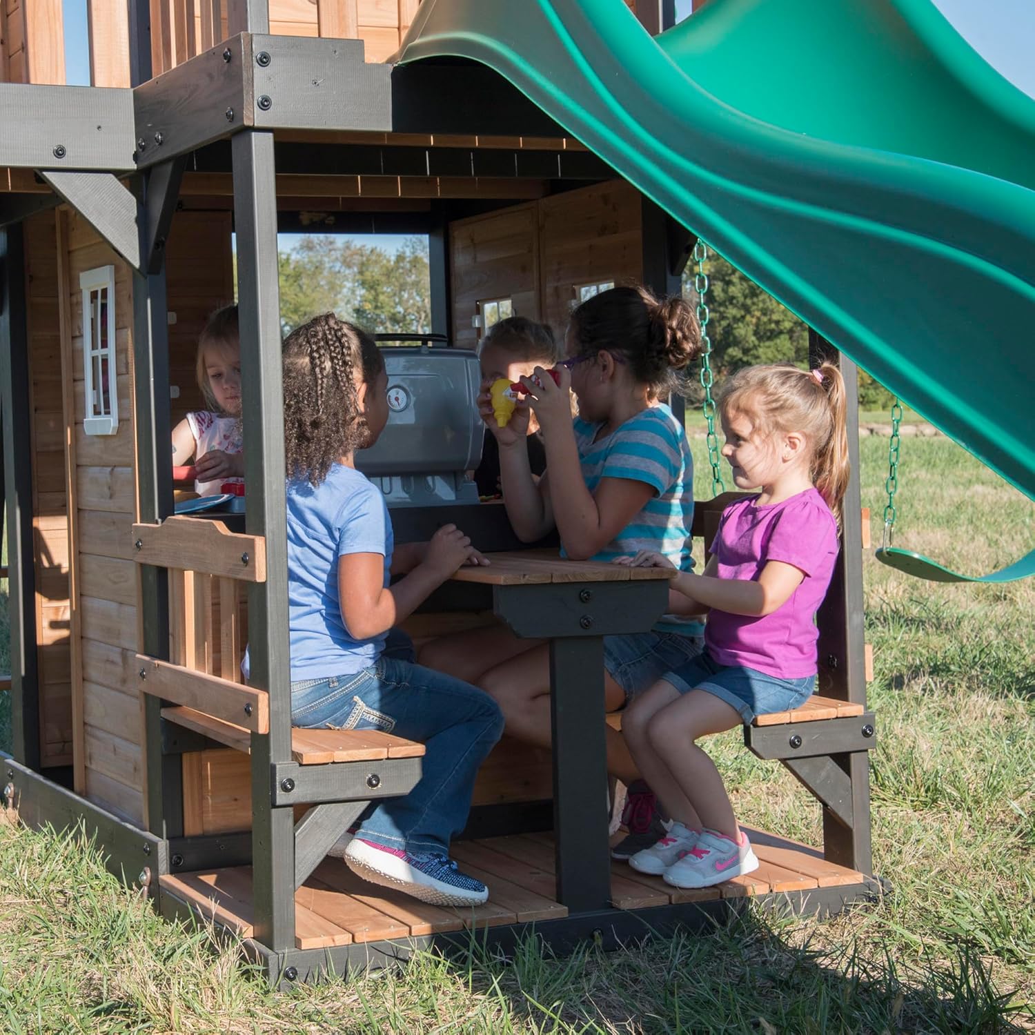 Canyon Creek Cedar Wood Swing Set with Wave Slide, Clubhouse, Play Kitchen, Picnic Area, Belt Swings, Web Swing, Rock Wall, Balconies, Playhouse, Step Ladder, Outdoor Playset - Image 8