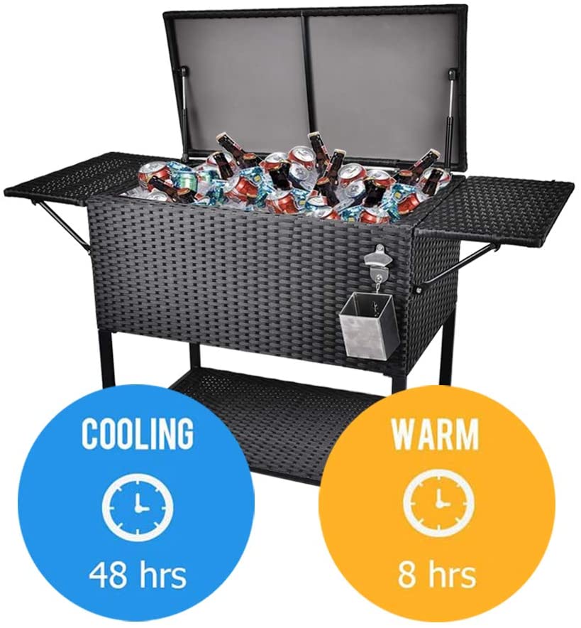 80 Quart Rattan Rolling Cooler Cart, Portable Wicker Cooler Trolley, Backyard Party Drink Beverage Bar - Image 7