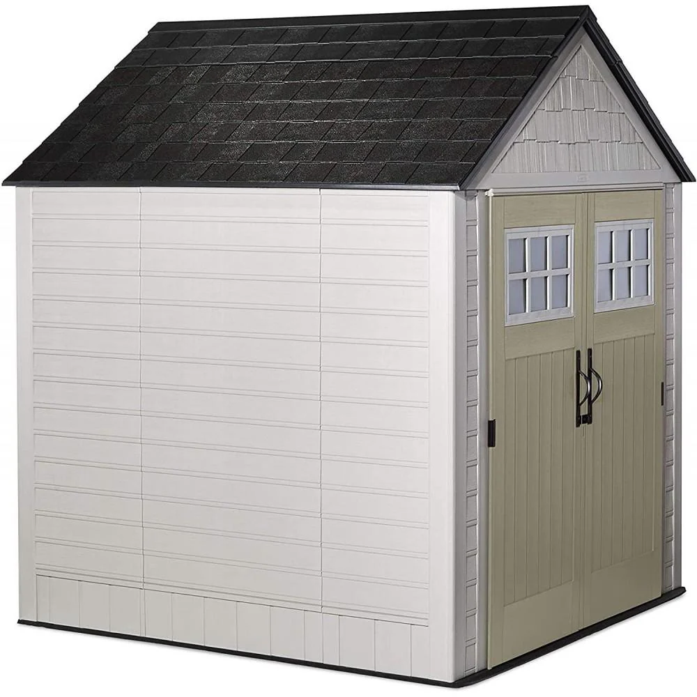 7x7 Ft Durable Weather Resistant Resin Outdoor Garden Storage Shed with Windows and Utility Hooks, Sand - Image 3