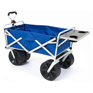 All Terrain Beach Wagon with Side Table,Heavy Duty Collapsible Folding Cart with Large Wheels for Beach Day, Picnic, Camping, Outdoor Activities , Blue/White