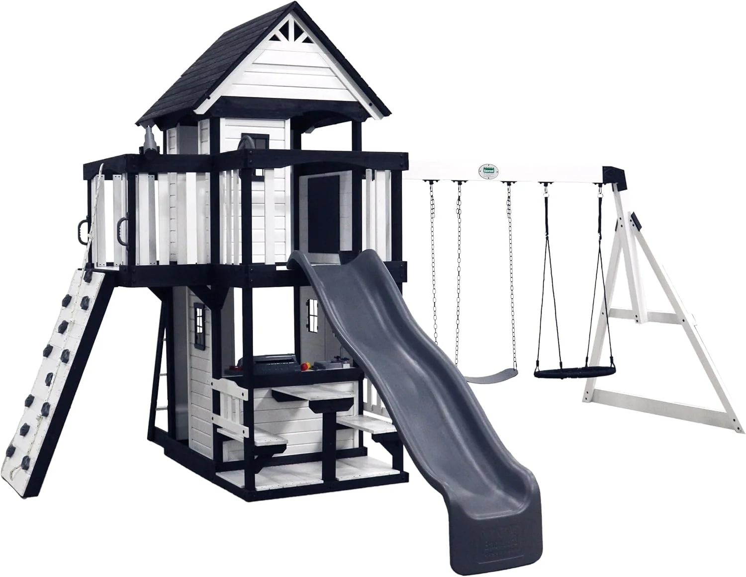 Canyon Creek Cedar Wood Swing Set with Wave Slide, Clubhouse, Play Kitchen, Picnic Area, Belt Swings, Web Swing, Rock Wall, Balconies, Playhouse, Step Ladder, Outdoor Playset - Image 12