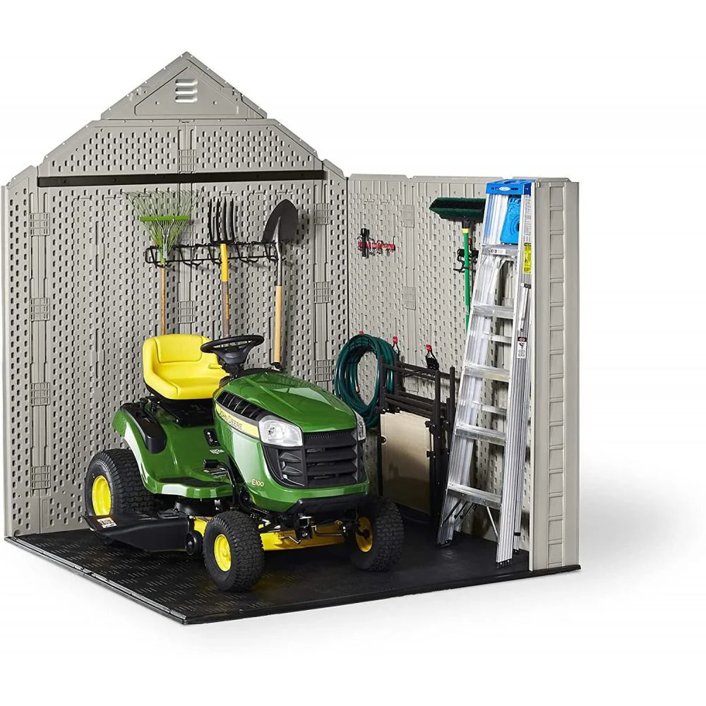 7x7 Ft Durable Weather Resistant Resin Outdoor Garden Storage Shed with Windows and Utility Hooks, Sand - Image 7
